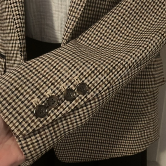 Club Monaco Plaid Checked Neutral Leather Collar Trim Blazer Jacket Sz 6